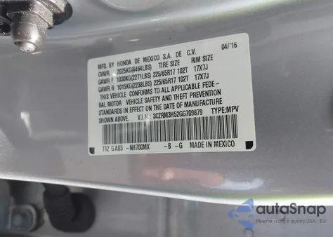 2016 Honda Cr-V Ex z USA, uszkodzony, nr VIN 3CZRM3H52GG709879